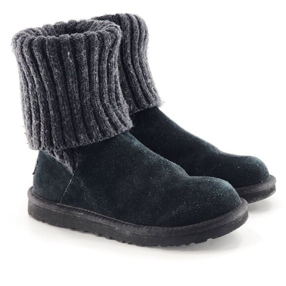 UGG Knit Cuff Suede Pull On Boot Black Ankle Tall Knee-High - Picture 1 of 8